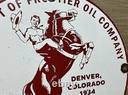 Vintage Frontier Gasoline Porcelain Sign Gas Station Motor Oil Bucking Bronco