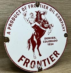 Vintage Frontier Gasoline Porcelain Sign Gas Station Motor Oil Bucking Bronco