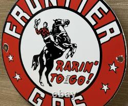Vintage Frontier Gasoline Porcelain Sign Gas Station Motor Oil Bucking Bronco