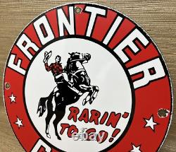 Vintage Frontier Gasoline Porcelain Sign Gas Station Motor Oil Bucking Bronco