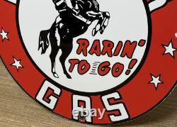 Vintage Frontier Gasoline Porcelain Sign Gas Station Motor Oil Bucking Bronco