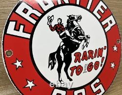 Vintage Frontier Gasoline Porcelain Sign Gas Station Motor Oil Bucking Bronco