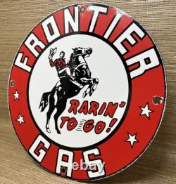 Vintage Frontier Gasoline Porcelain Sign Gas Station Motor Oil Bucking Bronco