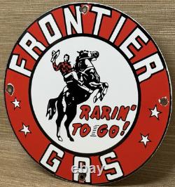Vintage Frontier Gasoline Porcelain Sign Gas Station Motor Oil Bucking Bronco