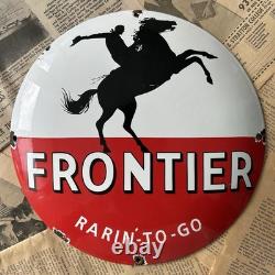 Vintage Frontier Gasoline Rarin'-to-go 12 Inch Convex Porcelain Enamel Sign