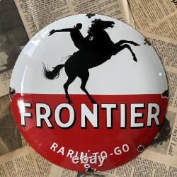 Vintage Frontier Gasoline Rarin'-to-go 12 Inch Convex Porcelain Enamel Sign