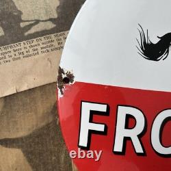 Vintage Frontier Gasoline Rarin'-to-go 12 Inch Convex Porcelain Enamel Sign