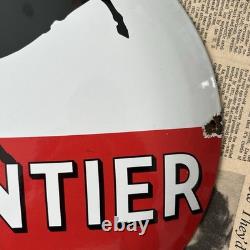 Vintage Frontier Gasoline Rarin'-to-go 12 Inch Convex Porcelain Enamel Sign