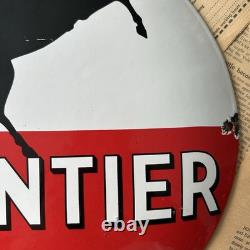Vintage Frontier Gasoline Rarin'-to-go 12 Inch Convex Porcelain Enamel Sign
