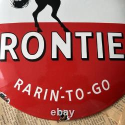 Vintage Frontier Gasoline Rarin'-to-go 12 Inch Convex Porcelain Enamel Sign