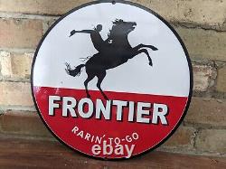 Vintage Frontier Gasoline Rarin'-to-go Porcelain Enamel Pump Sign 12 Cowboy