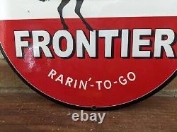 Vintage Frontier Gasoline Rarin'-to-go Porcelain Enamel Pump Sign 12 Cowboy