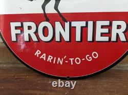 Vintage Frontier Gasoline Rarin'-to-go Porcelain Enamel Pump Sign 12 Cowboy