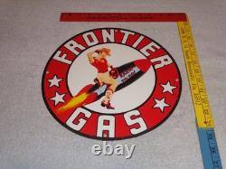 Vintage Frontier Gasoline Woman On Rocket 11 3/4 Porcelain Metal Gas & Oil Sign