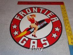 Vintage Frontier Gasoline Woman On Rocket 11 3/4 Porcelain Metal Gas & Oil Sign
