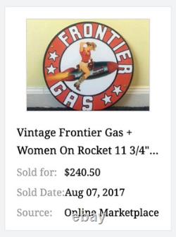 Vintage Frontier Gasoline Woman On Rocket 11 3/4 Porcelain Metal Gas & Oil Sign