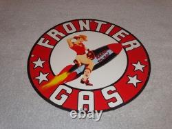 Vintage Frontier Gasoline Woman On Rocket 11 3/4 Porcelain Metal Gas & Oil Sign