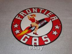Vintage Frontier Gasoline Woman On Rocket 11 3/4 Porcelain Metal Gas & Oil Sign