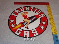 Vintage Frontier Gasoline Woman On Rocket 11 3/4 Porcelain Metal Gas & Oil Sign
