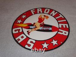 Vintage Frontier Gasoline Woman On Rocket 11 3/4 Porcelain Metal Gas & Oil Sign