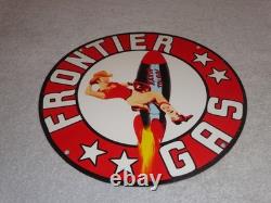 Vintage Frontier Gasoline Woman On Rocket 11 3/4 Porcelain Metal Gas & Oil Sign