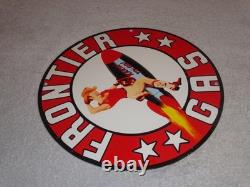 Vintage Frontier Gasoline Woman On Rocket 11 3/4 Porcelain Metal Gas & Oil Sign