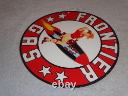 Vintage Frontier Gasoline Woman On Rocket 11 3/4 Porcelain Metal Gas & Oil Sign