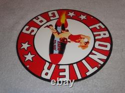 Vintage Frontier Gasoline Woman On Rocket 11 3/4 Porcelain Metal Gas & Oil Sign