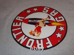 Vintage Frontier Gasoline Woman On Rocket 11 3/4 Porcelain Metal Gas & Oil Sign