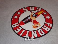 Vintage Frontier Gasoline Woman On Rocket 11 3/4 Porcelain Metal Gas & Oil Sign