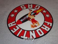 Vintage Frontier Gasoline Woman On Rocket 11 3/4 Porcelain Metal Gas & Oil Sign