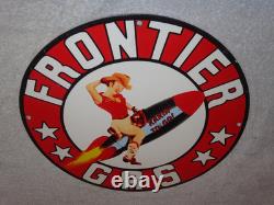 Vintage Frontier Gasoline Woman On Rocket 11 3/4 Porcelain Metal Gas & Oil Sign