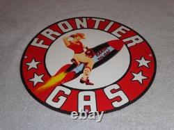 Vintage Frontier Gasoline Woman On Rocket 11 3/4 Porcelain Metal Gas & Oil Sign