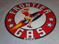 Vintage Frontier Gasoline Woman On Rocket 11 3/4 Porcelain Metal Gas & Oil Sign