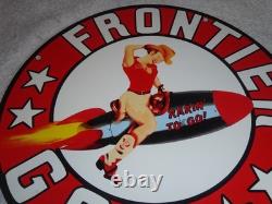 Vintage Frontier Gasoline Woman On Rocket 11 3/4 Porcelain Metal Gas & Oil Sign
