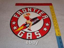 Vintage Frontier Gasoline Woman On Rocket 11 3/4 Porcelain Metal Gas & Oil Sign