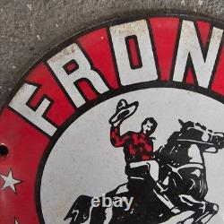 Vintage Frontier Rarin To Go Old Us Gasoline Oil Gas Pump Enamel Porcelain Sign