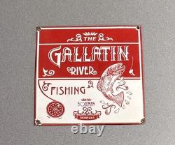 Vintage Gallatin River Fishing Porcelain Sign Car Gas Truck Oil Motorcycle