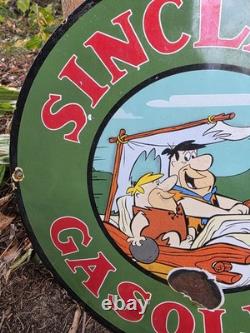 Vintage Gasoline Sign Flintstones Cave Man Porcelain Gas Pump Sinclair Sign