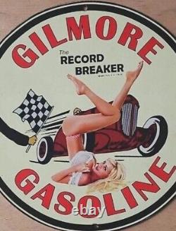 Vintage Gilmore Gasoline Pinup Girl Porcelain Gas Oil Mancave Station Pump Sign