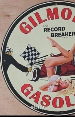 Vintage Gilmore Gasoline Pinup Girl Porcelain Gas Oil Mancave Station Pump Sign