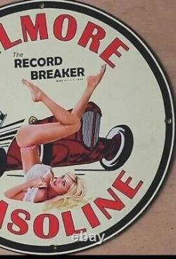 Vintage Gilmore Gasoline Pinup Girl Porcelain Gas Oil Mancave Station Pump Sign