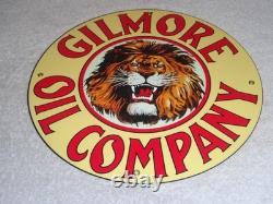 Vintage Gilmore Oil Company Lion Growling 11 3/4 Porcelain Metal Gasoline Sign