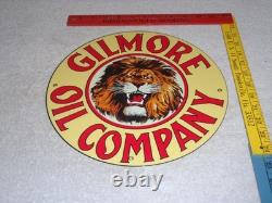 Vintage Gilmore Oil Company Lion Growling 11 3/4 Porcelain Metal Gasoline Sign