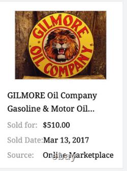 Vintage Gilmore Oil Company Lion Growling 11 3/4 Porcelain Metal Gasoline Sign