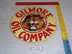 Vintage Gilmore Oil Company Lion Growling 11 3/4 Porcelain Metal Gasoline Sign