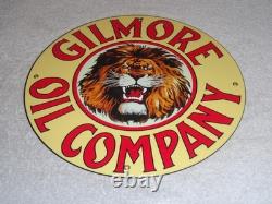 Vintage Gilmore Oil Company Lion Growling 11 3/4 Porcelain Metal Gasoline Sign