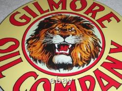 Vintage Gilmore Oil Company Lion Growling 11 3/4 Porcelain Metal Gasoline Sign