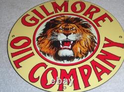 Vintage Gilmore Oil Company Lion Growling 11 3/4 Porcelain Metal Gasoline Sign