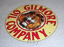Vintage Gilmore Oil Company Lion Growling 11 3/4 Porcelain Metal Gasoline Sign